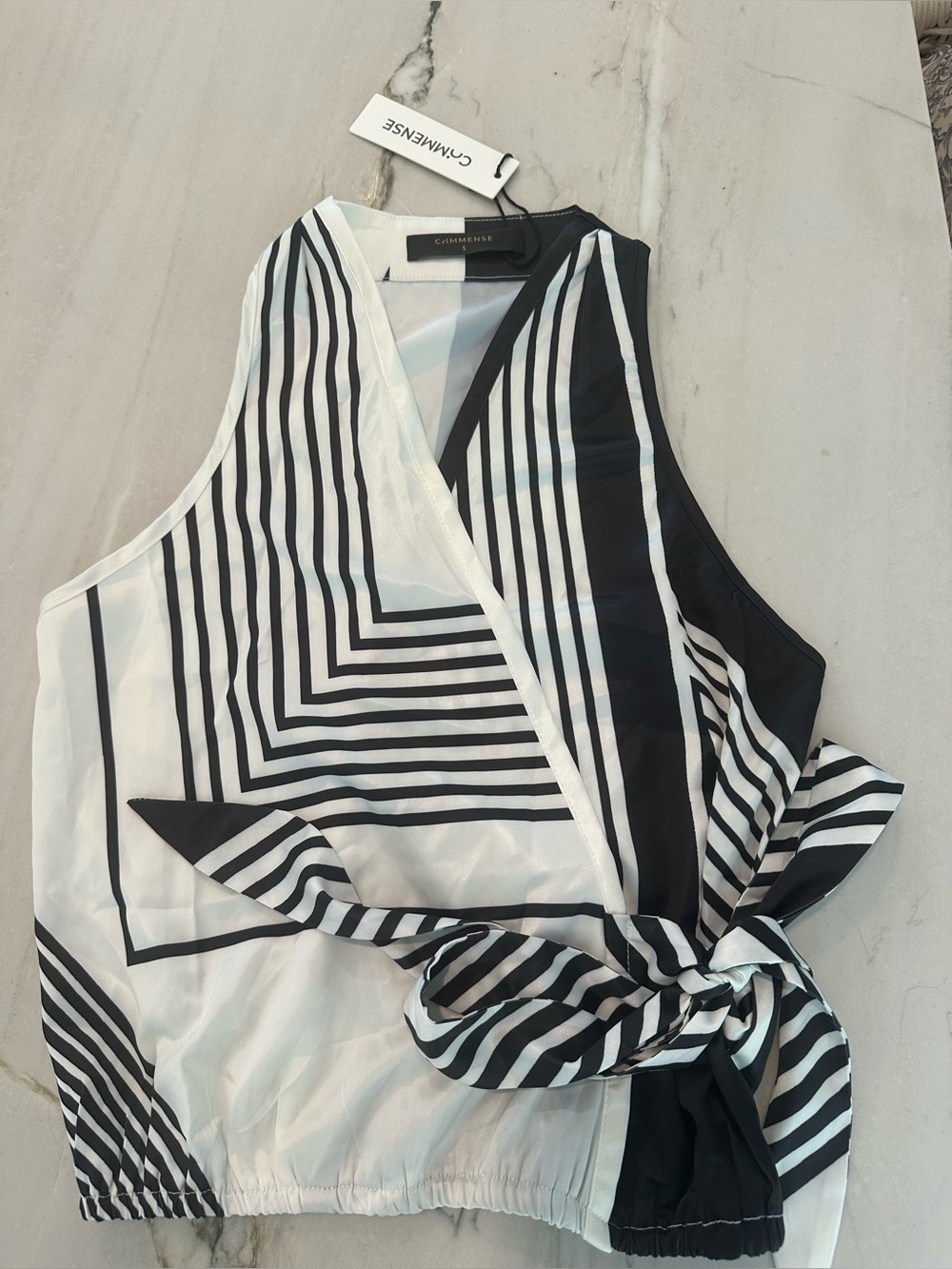 Commense Black & White One-Shoulder Striped Wrap Top